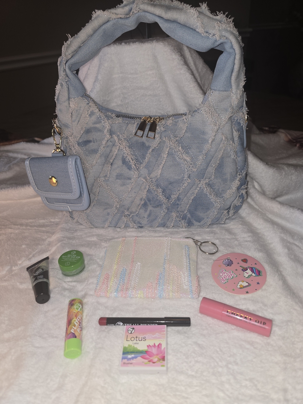 Boho-Style Patchwork Denim Hobo Bag With Card Wallet &Mini Beauty Bundle
